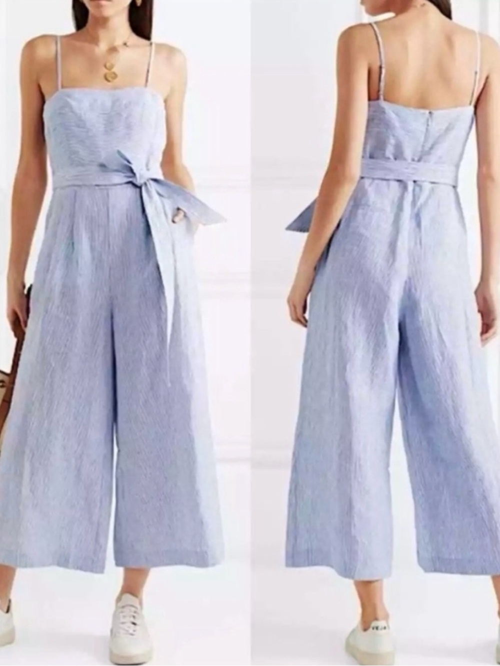 J Crew 100% Linen Tie Waist Jumpsuit Blue Stripe Adjustable Straps crop Sz 16T